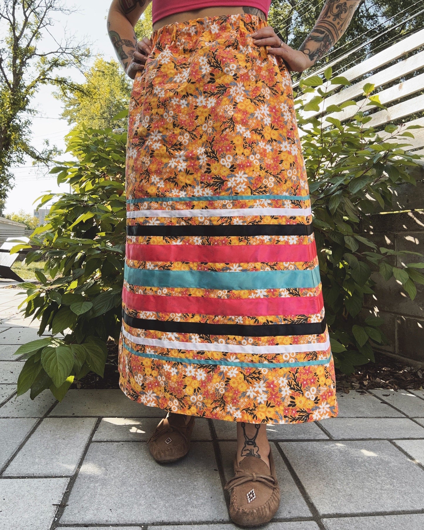 Lillie Nell Neon Autumn Floral Ribbon Skirt + Earrings Set Skirts in