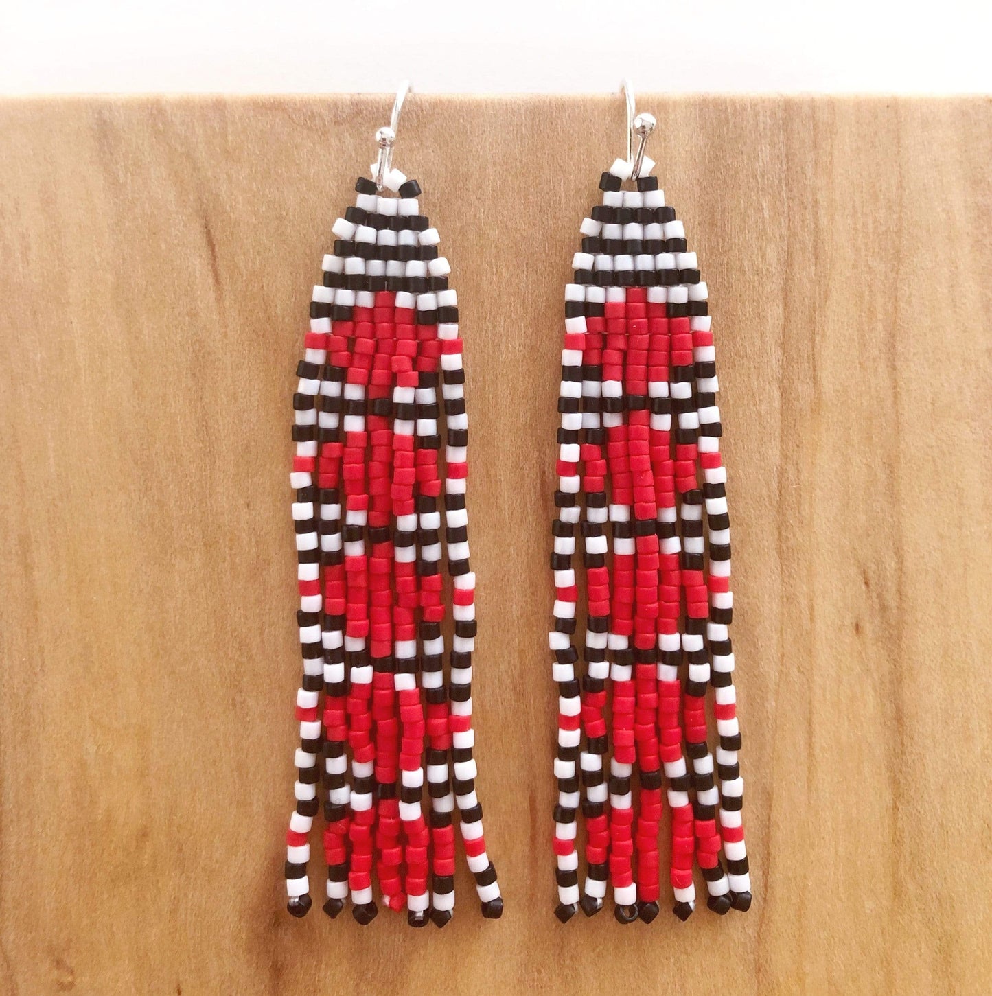 BEADS CORNER Native Style Handcrafted Brown Red Seed Beaded Hook Long Earrings - Ethnic Bell Shape