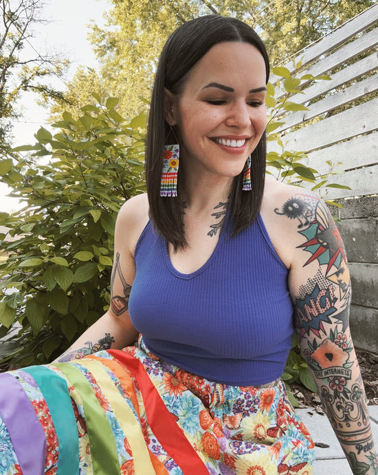 Load image into Gallery viewer, Lillie Nell Rainbow Garden Ribbon Skirt + Earrings Set Skirts in
